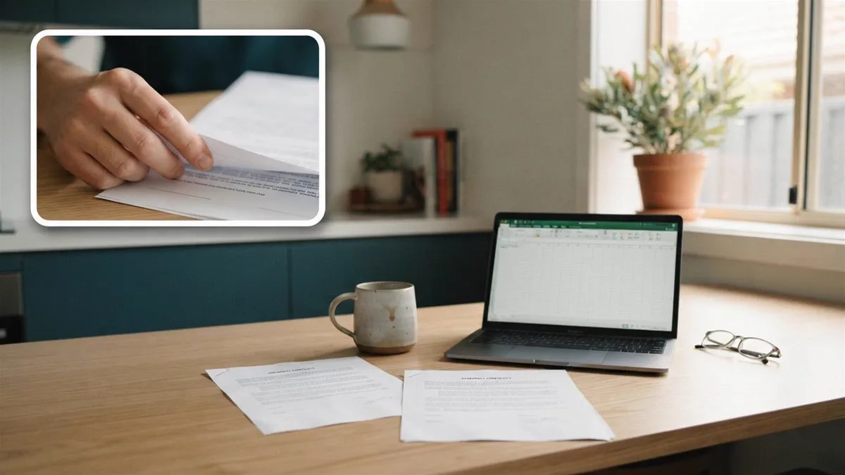 A kitchen table with two property contracts, a calculator and a laptop, in an Australian home being sold